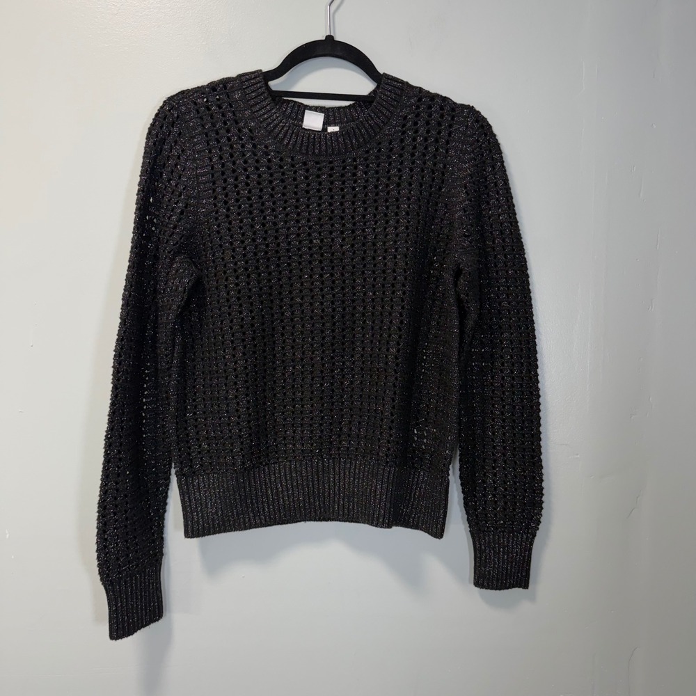 GAP Black Metallic Open Knit Crochet Sweater Small Silver Sparkle Crewneck
